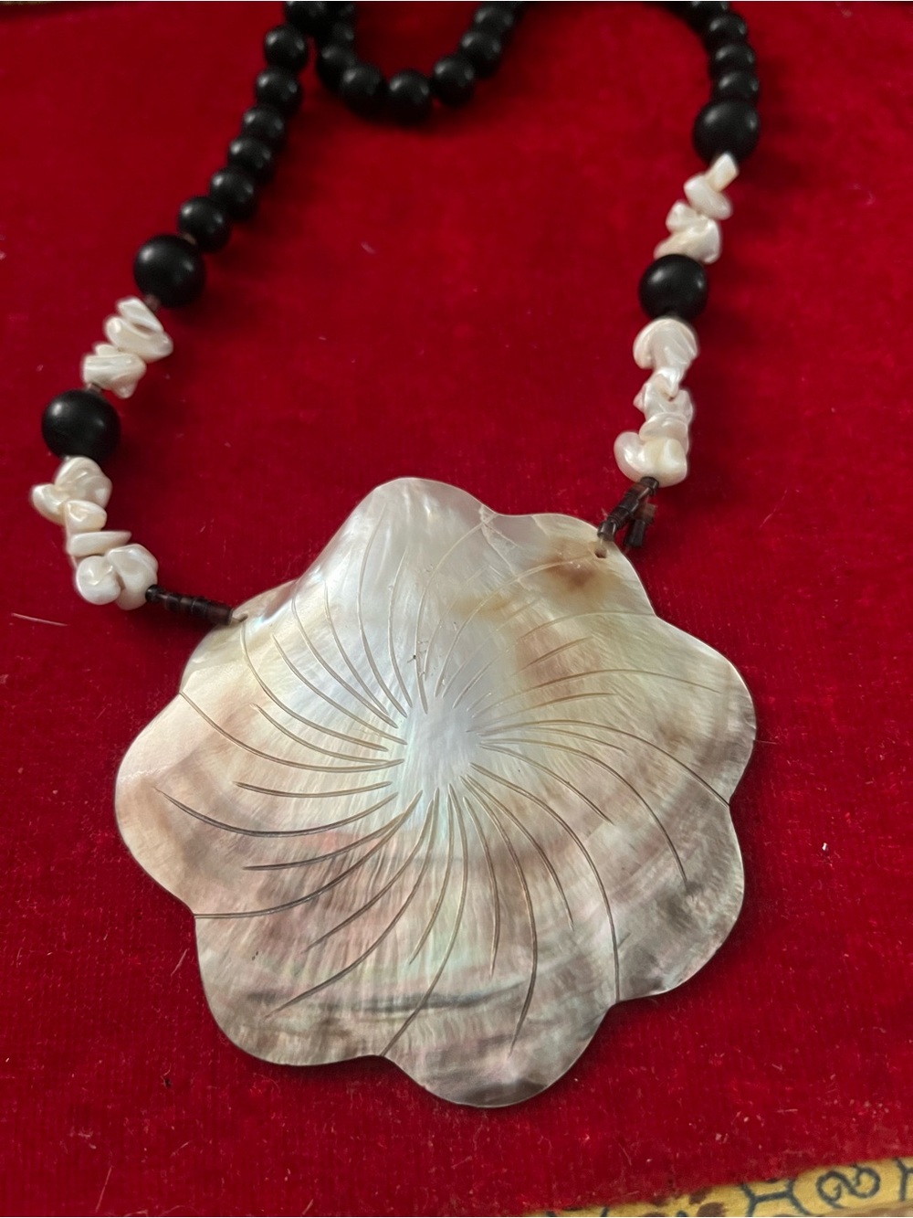 Handcrafted Mother of Pearl Flower Pendant Necklace - Pearl & Black Bead Accent